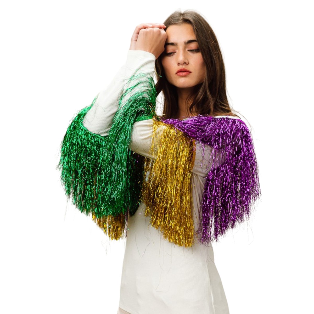 Mardi Gras White Top With Colorful Tiered Tinsel Fringe - Mardi Gras Apparel