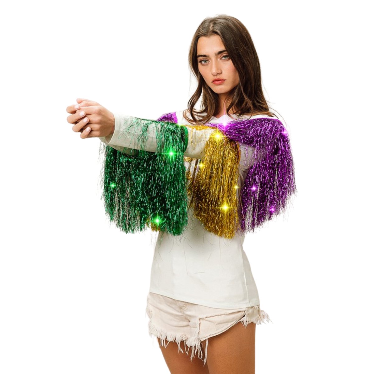 Mardi Gras White Top With Colorful Tiered Tinsel Fringe - Mardi Gras Apparel