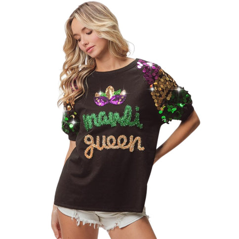 Mardi Queen Sequin Mask Patch Spangled Sleeve Top - Mardi Gras Apparel - Adult, Black, Green - 