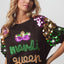 Mardi Queen Sequin Mask Patch Spangled Sleeve Top - Mardi Gras Apparel