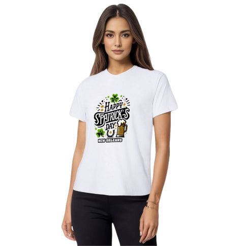 New Orleans Celebration St. Patrick's Day White T-Shirt with Beer Mug - Mardi Gras Apparel - 100% Cotton, Adult, Front Design - 