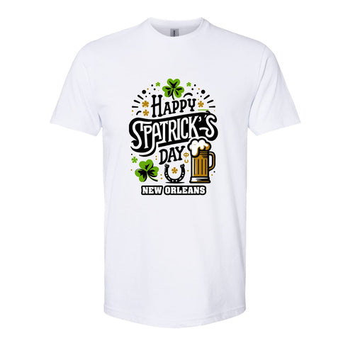 New Orleans Celebration St. Patrick's Day White T-Shirt with Beer Mug - Mardi Gras Apparel - 100% Cotton, Adult, Front Design - 