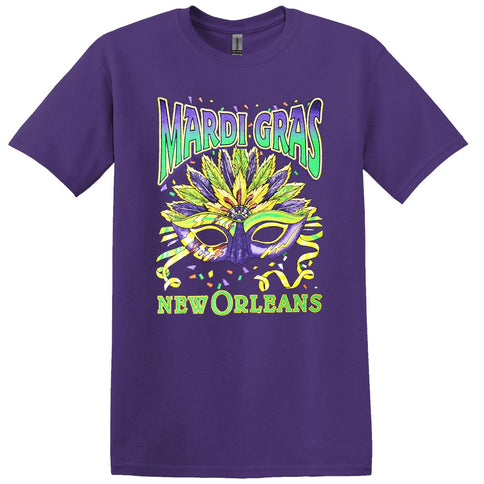 New Orleans Mardi Gras Purple Full Chest Print Tee Shirt - Mardi Gras Apparel - 100% Cotton, Adult, Crew Neck - Tee - Shirt