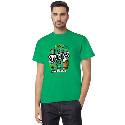 New Orleans St. Patrick's Day Celebration Green T-Shirt with Beer Mug - Mardi Gras Apparel - 100% Cotton, Adult, Front Design - 