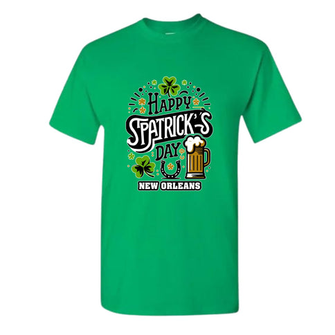 New Orleans St. Patrick's Day Celebration Green T-Shirt with Beer Mug - Mardi Gras Apparel - 100% Cotton, Adult, Front Design - 