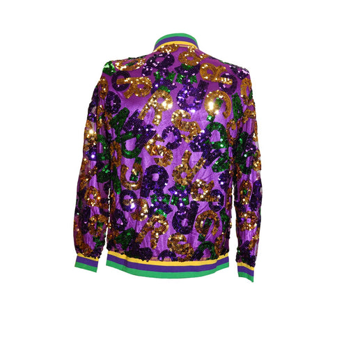 Purple Mardi Gras Sequenced Lettered Jacket w/Yellow, Purple, & Green Trim - Mardi Gras Apparel - Adult, Gold, Green - Sequin Jacket