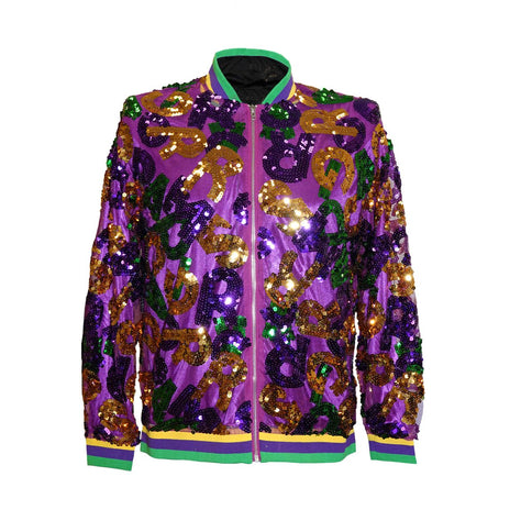 Purple Mardi Gras Sequenced Lettered Jacket w/Yellow, Purple, & Green Trim - Mardi Gras Apparel - Adult, Gold, Green - Sequin Jacket