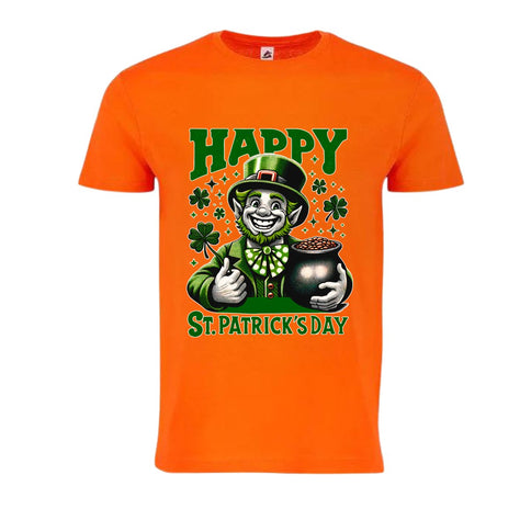 Radiant Orange St. Patrick's Day Leprechaun & Pot of Gold T-Shirt - Mardi Gras Apparel - 100% Cotton, Adult, Front Design - 