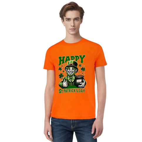 Radiant Orange St. Patrick's Day Leprechaun & Pot of Gold T-Shirt - Mardi Gras Apparel - 100% Cotton, Adult, Front Design - 