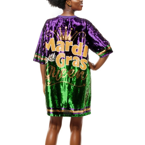 SEQUIN Dress Lettered With Yellow, Purple, & Green Trim - Mardi Gras Apparel - Adult, Dress, Front Design - Dress