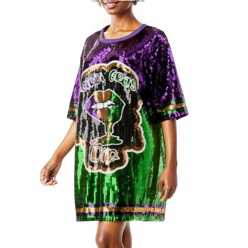 SEQUIN Dress Lettered With Yellow, Purple, & Green Trim - Mardi Gras Apparel - Adult, Dress, Front Design - Dress