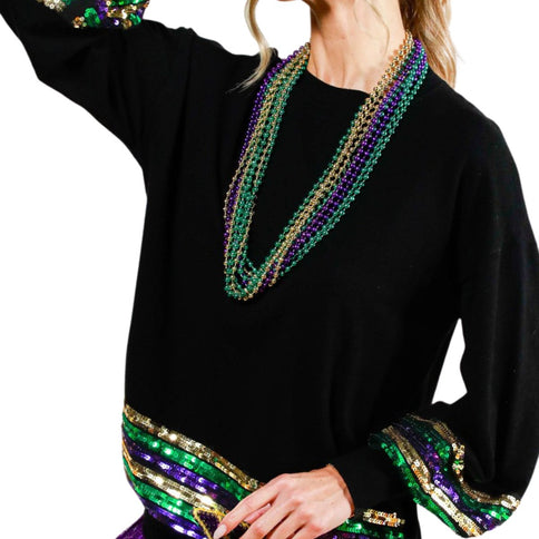 Sequin Trim Detail Mardi Gras Sweater Black Top - Mardi Gras Apparel - Adult, Black, Crew Neck -