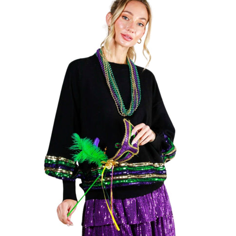 Sequin Trim Detail Mardi Gras Sweater Black Top - Mardi Gras Apparel - Adult, Black, Crew Neck -