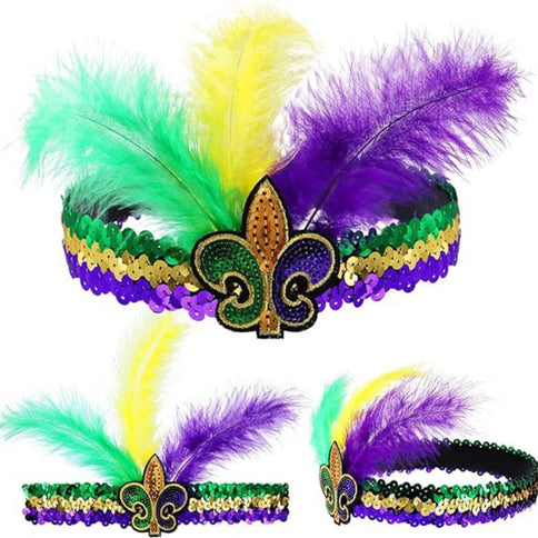Sequined Fleur - de - Lis Headband - Mardi Gras Apparel - Accessories, Gold, Green -