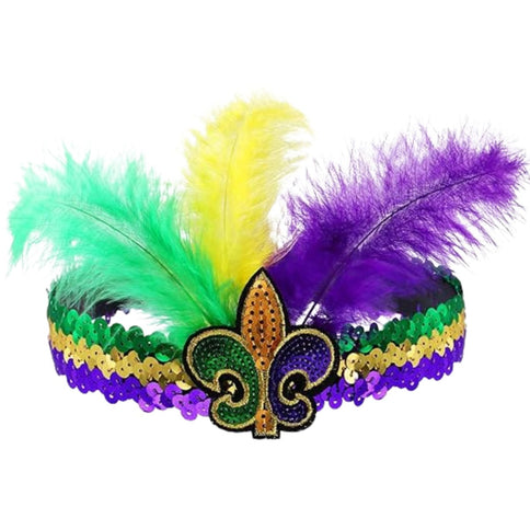 Sequined Fleur - de - Lis Headband - Mardi Gras Apparel - Accessories, Gold, Green -