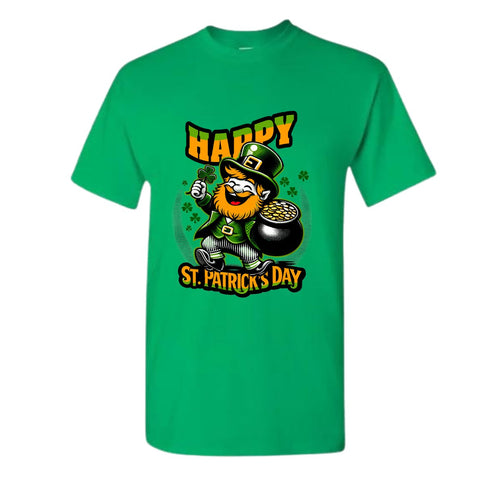 Traditional Green St. Patrick's Day Leprechaun & Pot of Gold T-Shirt - Mardi Gras Apparel - 100% Cotton, Adult, Front Design - 