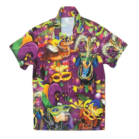 Vibrant Mardi Gras Celebration Button - Up Shirt - Mardi Gras Apparel - Adult, Buttons up, Front Design - 