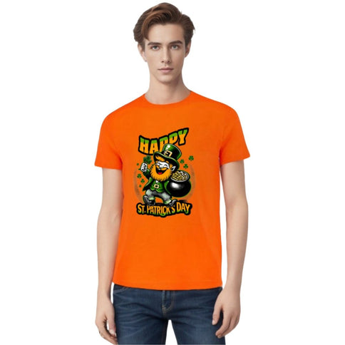 Vibrant Orange St. Patrick's Day Leprechaun & Pot of Gold T-Shirt - Mardi Gras Apparel - 100% Cotton, Adult, Front Design - 