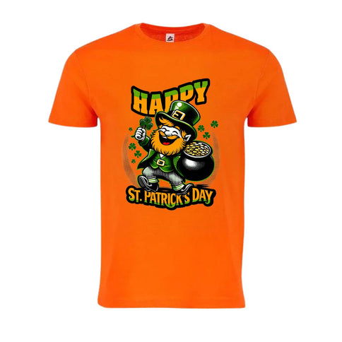 Vibrant Orange St. Patrick's Day Leprechaun & Pot of Gold T-Shirt - Mardi Gras Apparel - 100% Cotton, Adult, Front Design - 