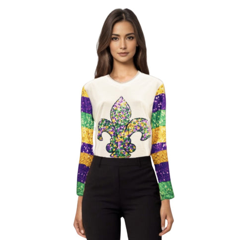 Women's Mardi Gras Print Crew Neck #1 - Mardi Gras Apparel - Adult, Crew Neck, Front Design - 