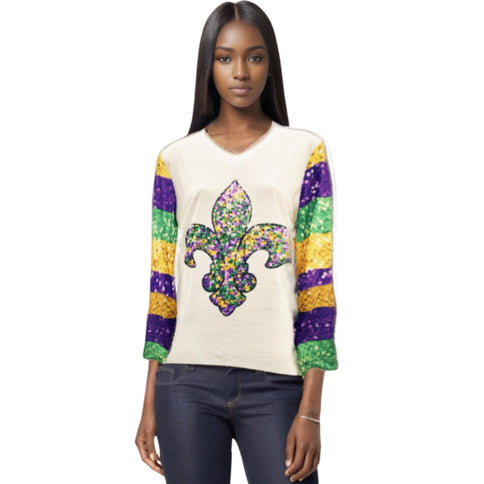 Women's Mardi Gras Print Crew Neck #1 - Mardi Gras Apparel - Adult, Crew Neck, Front Design - 