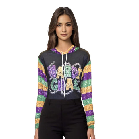 Women's Mardi Gras Print Crew Neck #3 - Mardi Gras Apparel - Adult, Black, Ladies - 