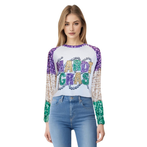 Women's Mardi Gras Print Crew Neck #3 - Mardi Gras Apparel - Adult, Crew Neck, Front Design - 