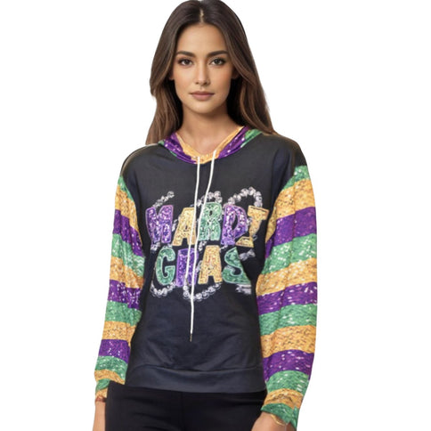 Women's Mardi Gras Print Crew Neck #3 - Mardi Gras Apparel - Adult, Black, Ladies - 