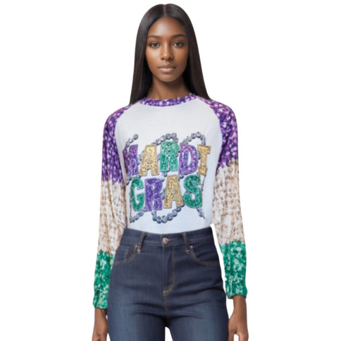 Women's Mardi Gras Print Crew Neck #3 - Mardi Gras Apparel - Adult, Crew Neck, Front Design - 