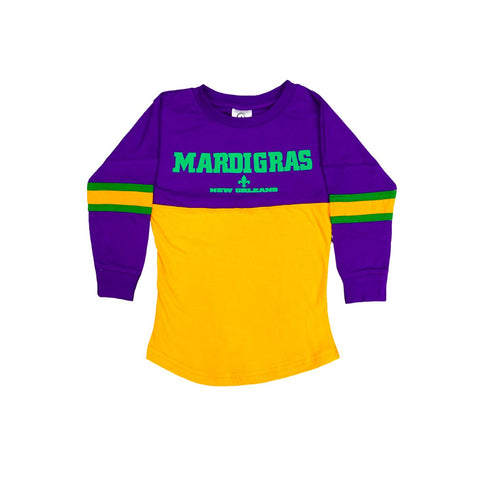 Youth Unisex Mardi Gras Long Sleeve Paneled Raglan Tee - Mardi Gras Apparel - 100% Cotton, Back Design, Children's Unisex - Raglan Long Sleeve Tee